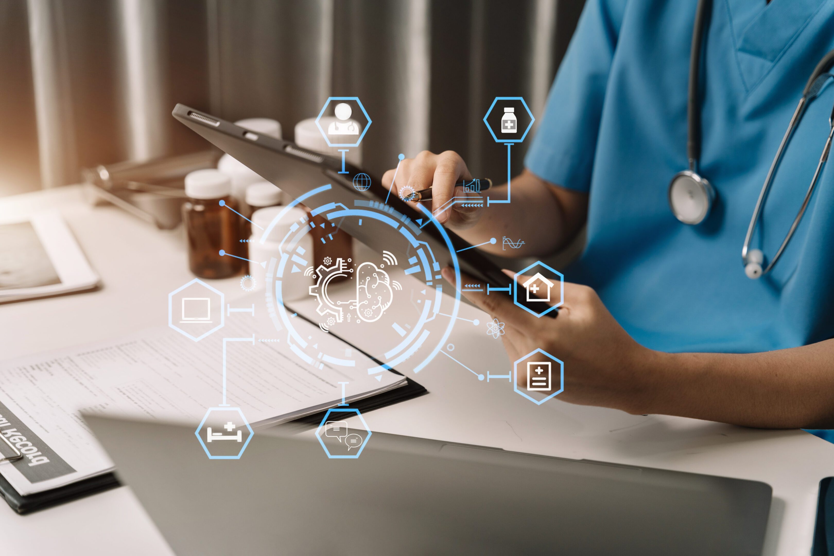 Medicine doctor hand working with modern digital tablet computer interface as medical network concept.